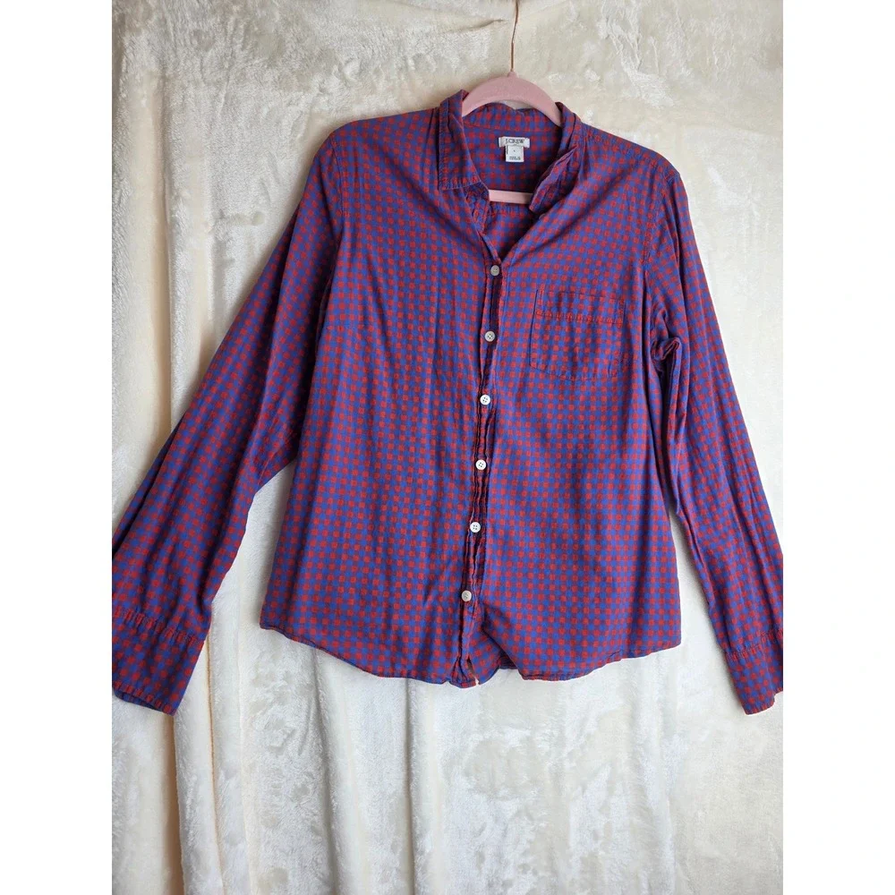 J Crew Red‎ Blue Gingham Plaid Button Down Shirt Women's Size L Long Sleeve